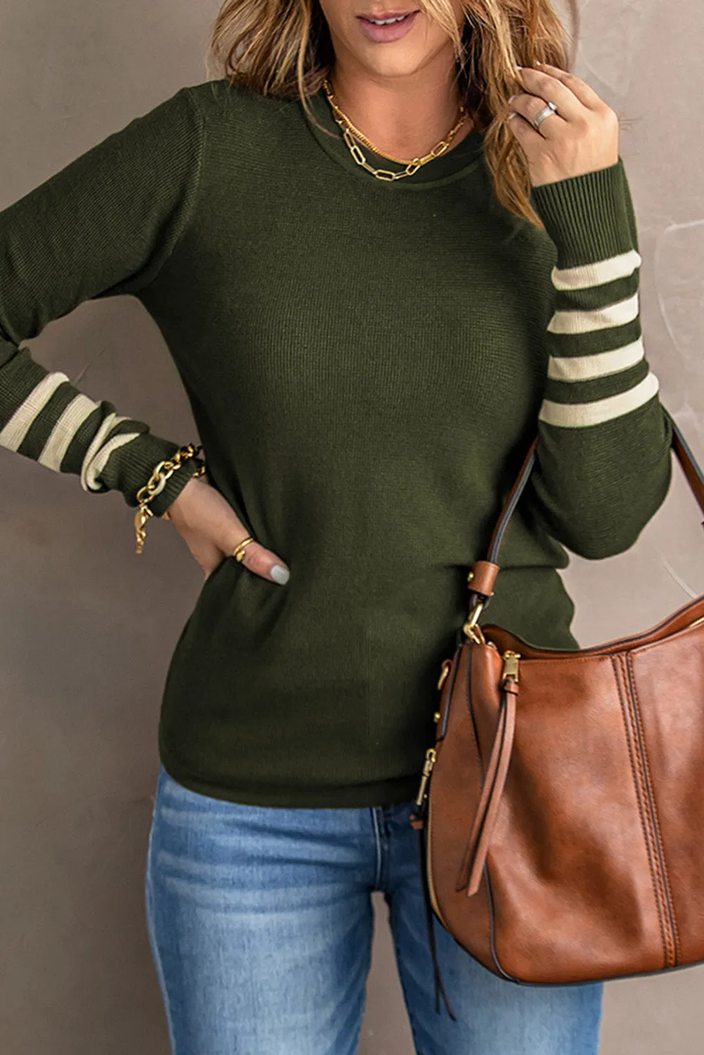 Green Striped Sleeve Plain Knit Sweater sold by Beagle Boutique product image thumbnail 3
