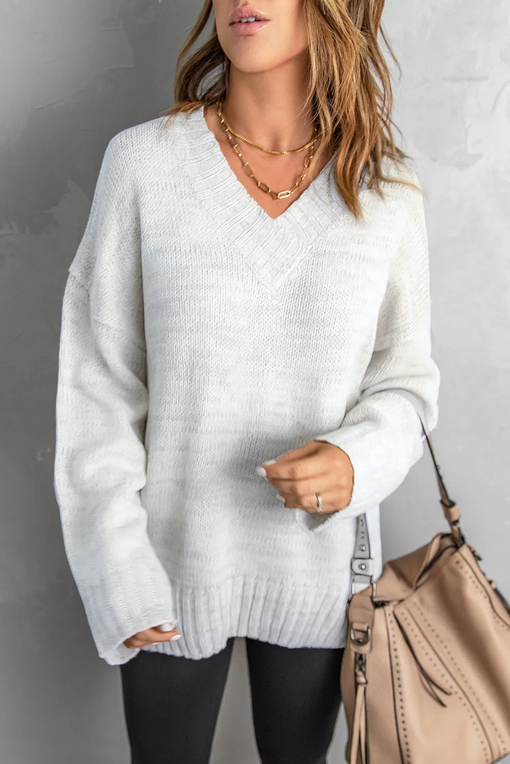 White V neck Drop Shoulder Knitted Sweater sold by Beagle Boutique product image thumbnail 3
