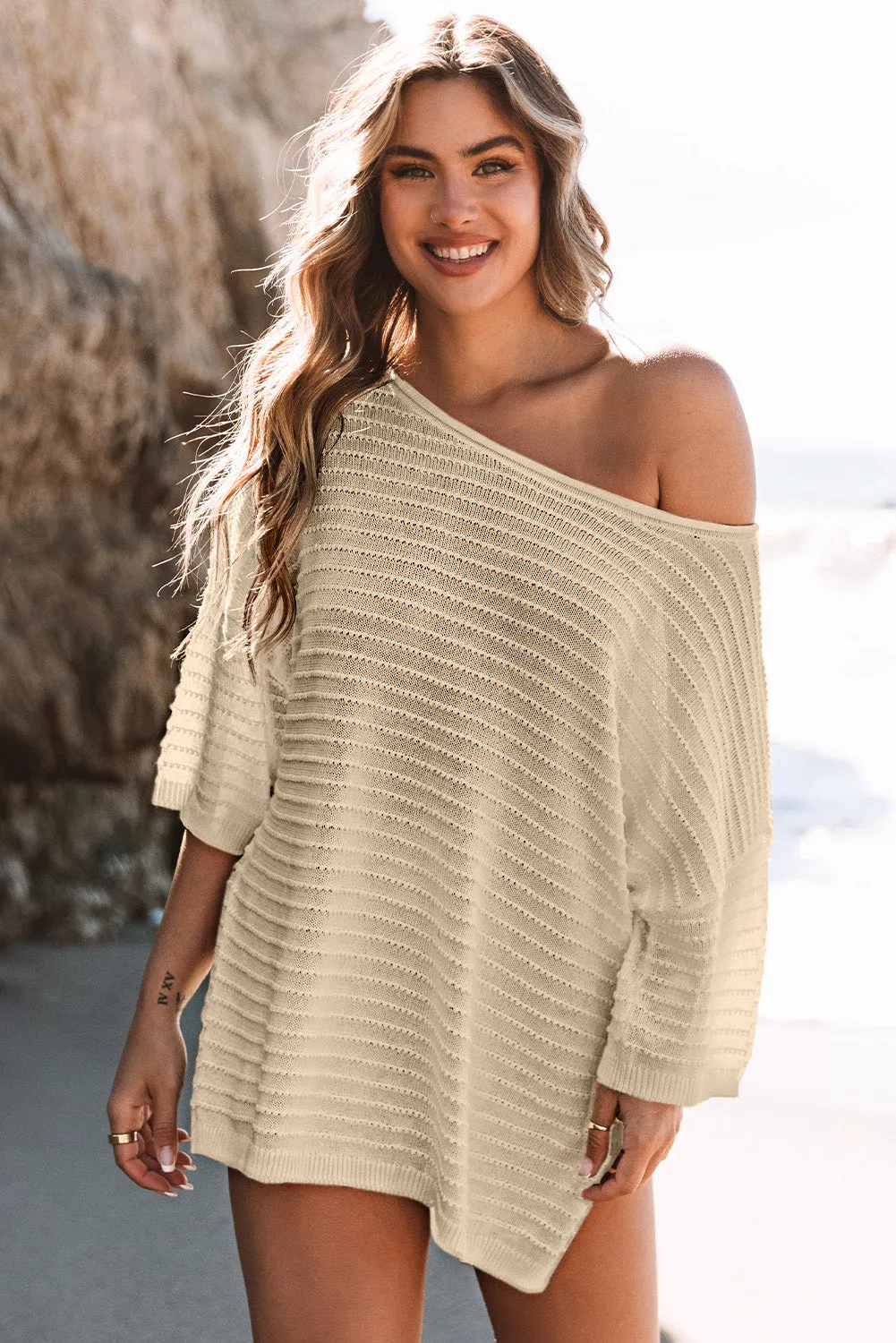 Beige Textured Knit Drop Shoulder Tee sold by Beagle Boutique