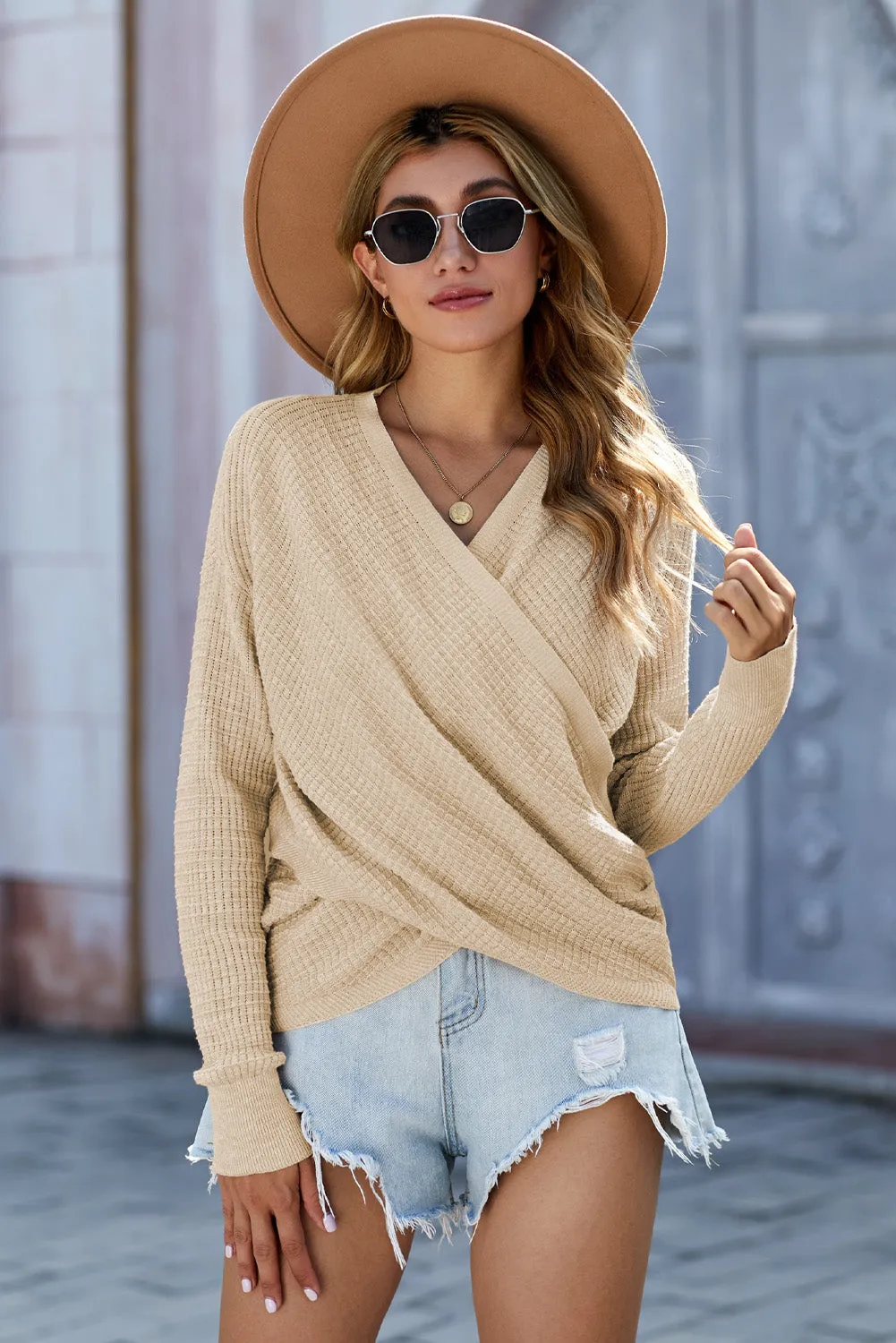 Khaki Wrap V Neck Waffle Sweater sold by Beagle Boutique product image thumbnail 5