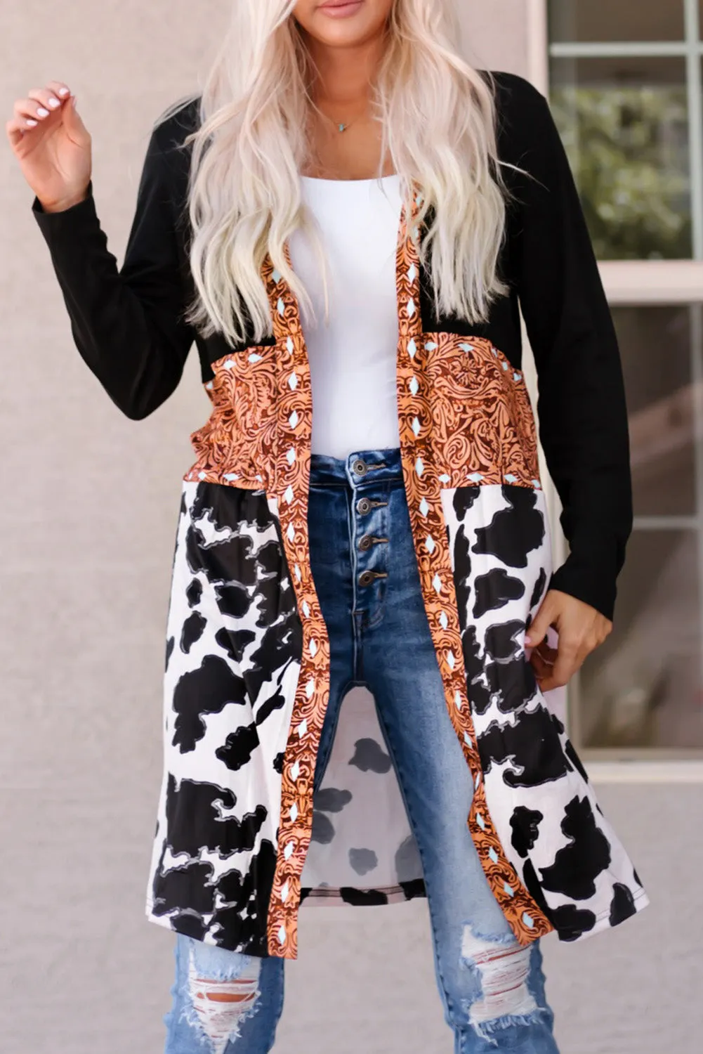 Black Western Pattern Cow Patchwork Open Front Cardigan sold by Beagle Boutique