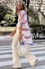 Beige Striped Long Sleeve Ribbed Trim Button Cardigan sold by Beagle Boutique
