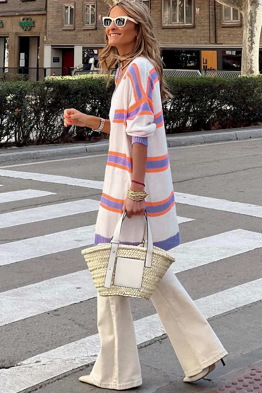 Beige Striped Long Sleeve Ribbed Trim Button Cardigan sold by Beagle Boutique product image thumbnail 3
