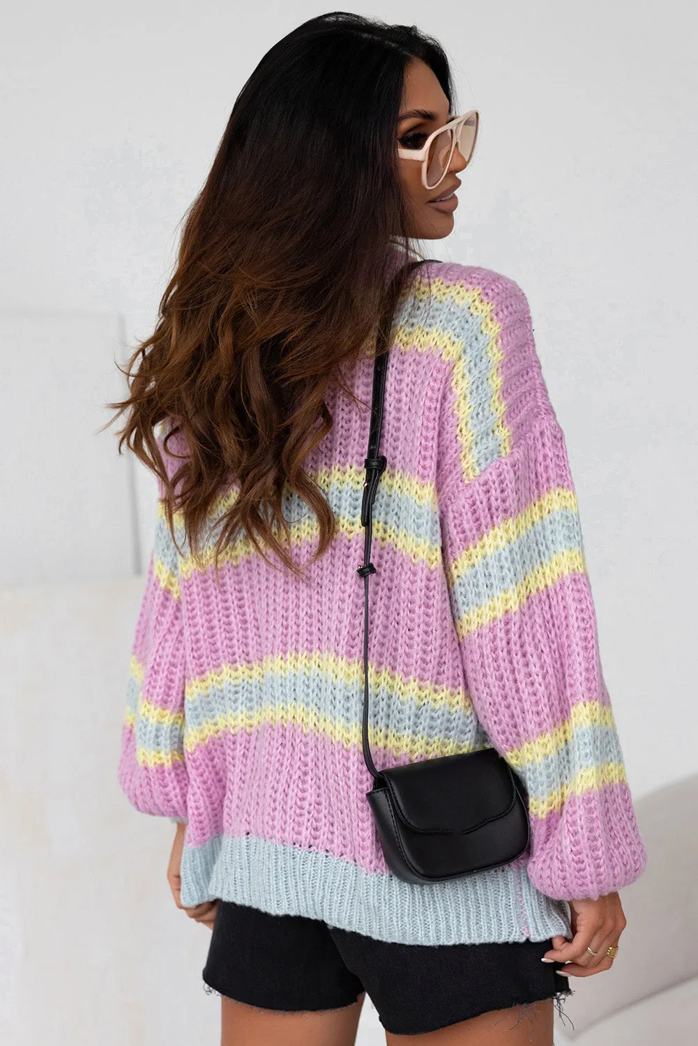 Pink Contrast Striped Open Front Cable Cardigan sold by Beagle Boutique product image thumbnail 2