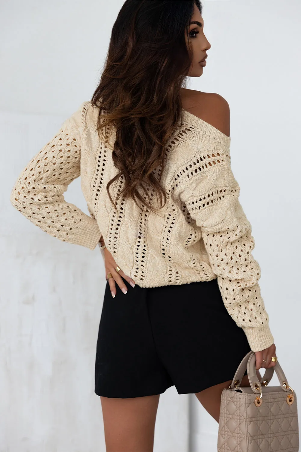 Khaki Eyelets Cable Knit Drop Shoulder Sweater sold by Beagle Boutique product image thumbnail 2