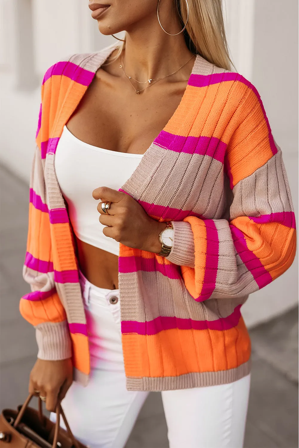 Orange Striped Colorblock Drop Shoulder Slouchy Cardigan sold by Beagle Boutique