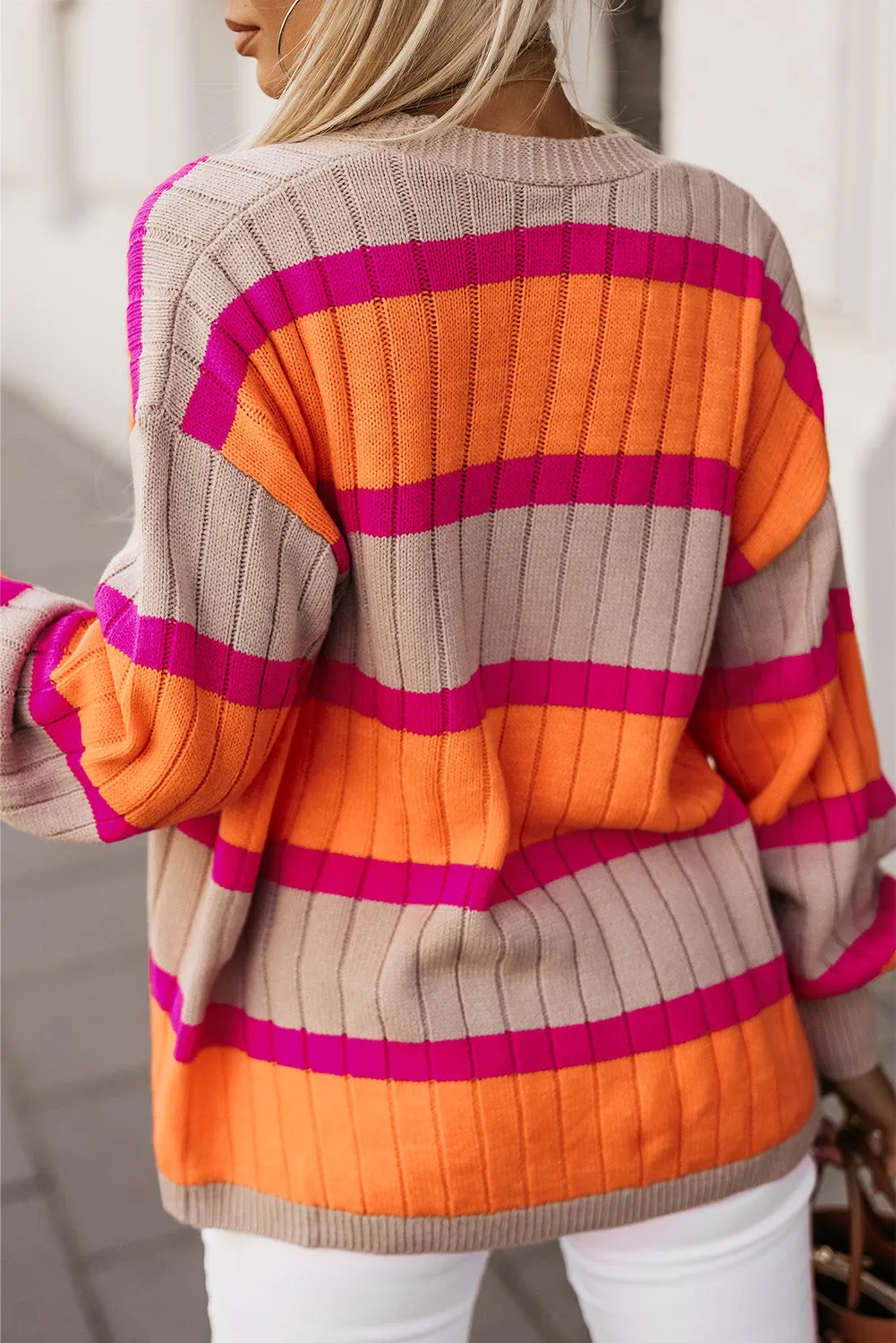 Orange Striped Colorblock Drop Shoulder Slouchy Cardigan sold by Beagle Boutique product image thumbnail 2