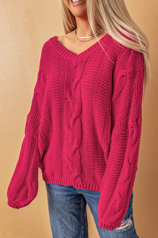 Rose Bubblegum V-Neck Braided Knit Sweater sold by Beagle Boutique