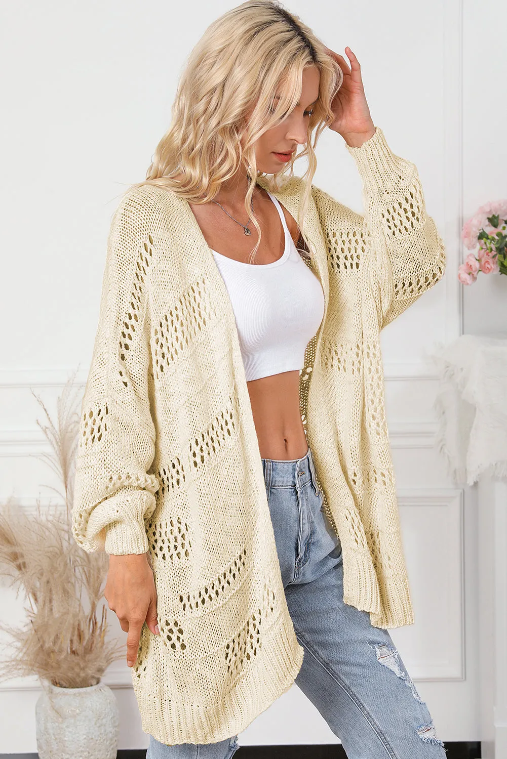 Beige Casual Hollowed Knit Dolman Sleeve Cardigan sold by Beagle Boutique product image thumbnail 3