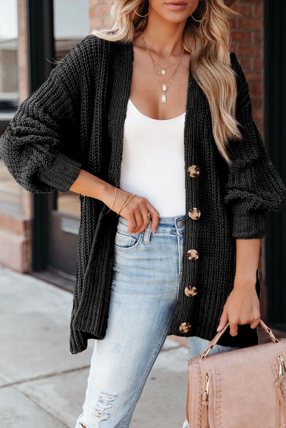 Black Buttoned Front Drop Shoulder Knitted Cardigan sold by Beagle Boutique
