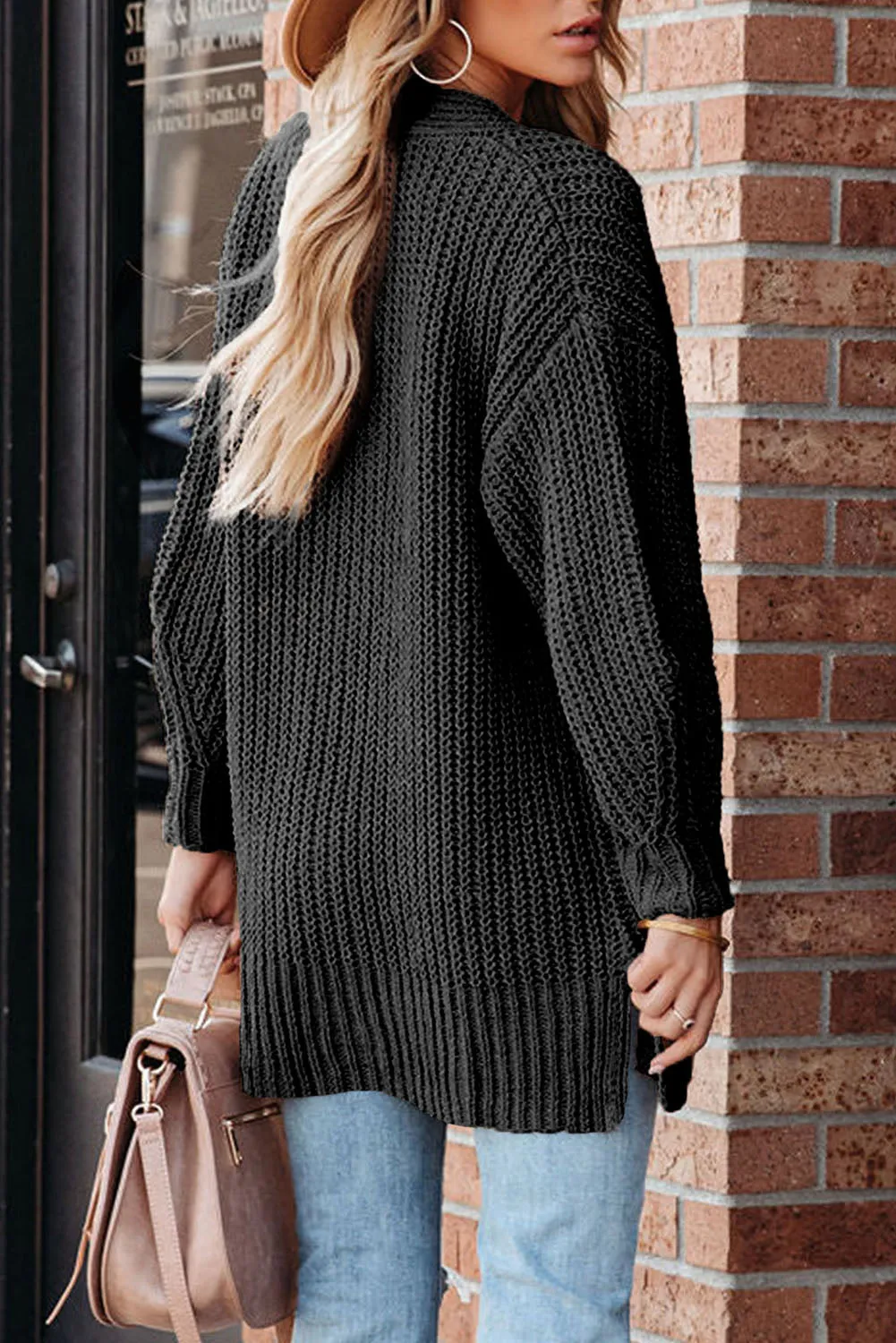 Black Buttoned Front Drop Shoulder Knitted Cardigan sold by Beagle Boutique product image thumbnail 2