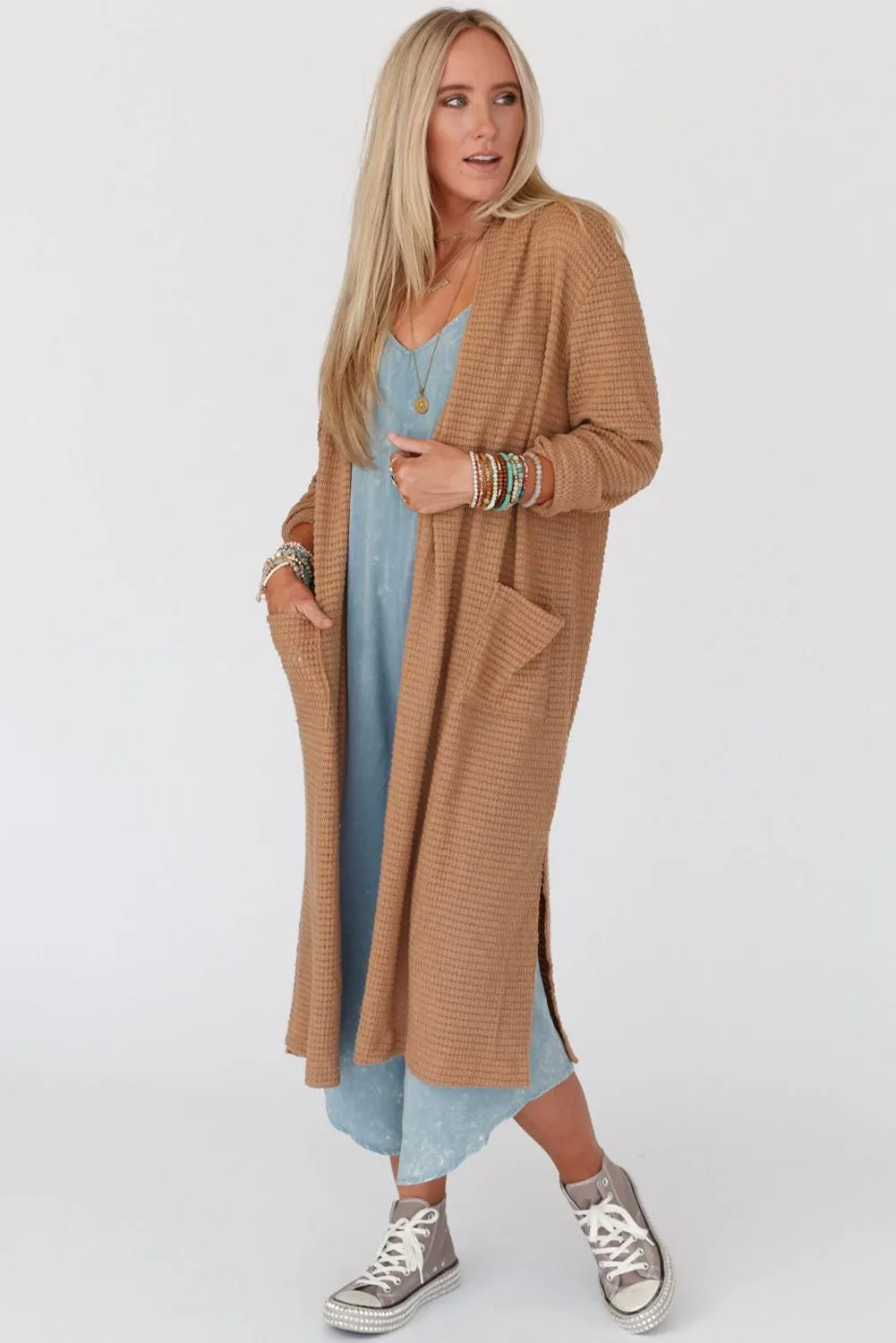 Chestnut Long Waffle Knit Cardigan with Pockets sold by Beagle Boutique product image thumbnail 3