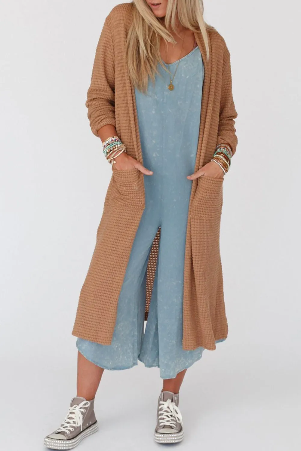 Chestnut Long Waffle Knit Cardigan with Pockets sold by Beagle Boutique