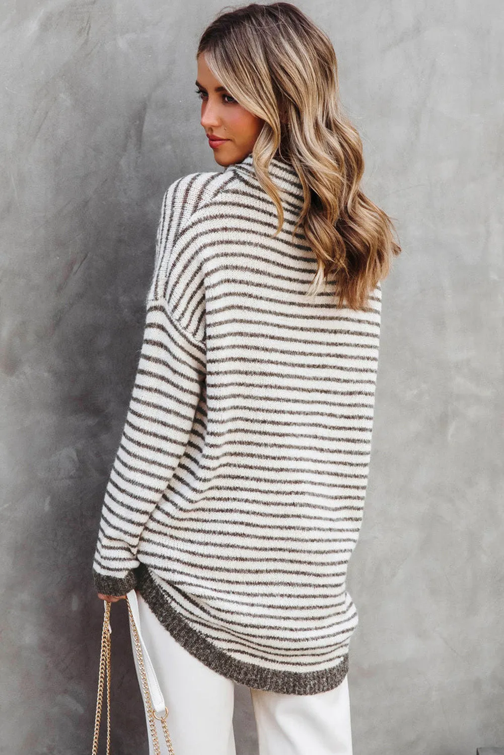 Khaki Striped Turtleneck Loose Sweater sold by Beagle Boutique product image thumbnail 2