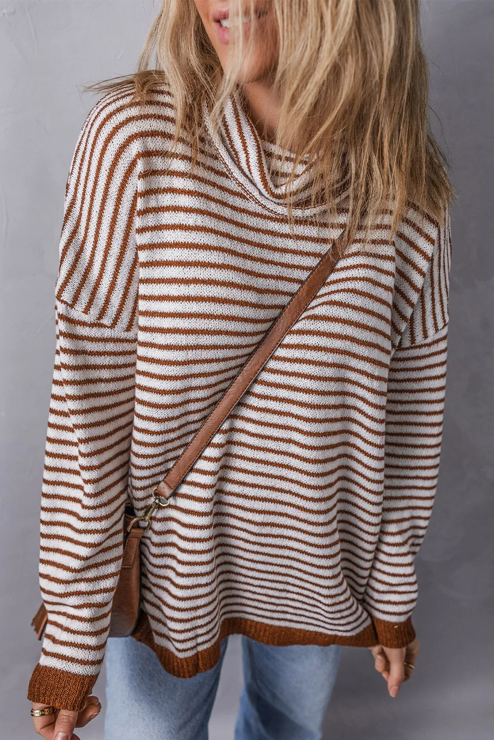 Brown Striped Turtleneck Loose Sweater sold by Beagle Boutique product image thumbnail 3