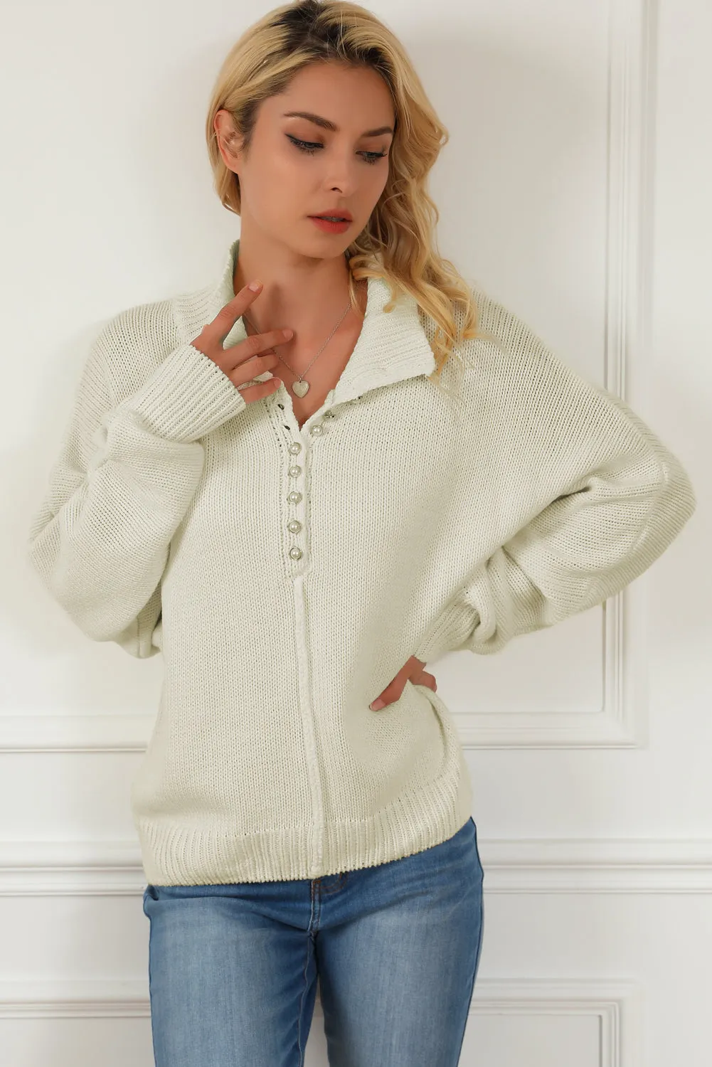 Beige Pearl Button Stand Collar Dolman Sleeve Sweater sold by Beagle Boutique product image thumbnail 3