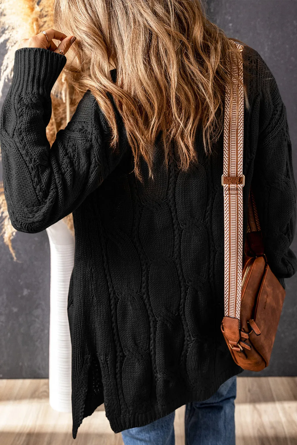 Black Ribbed Trim Eyelet Cable Knit Cardigan sold by Beagle Boutique product image thumbnail 2