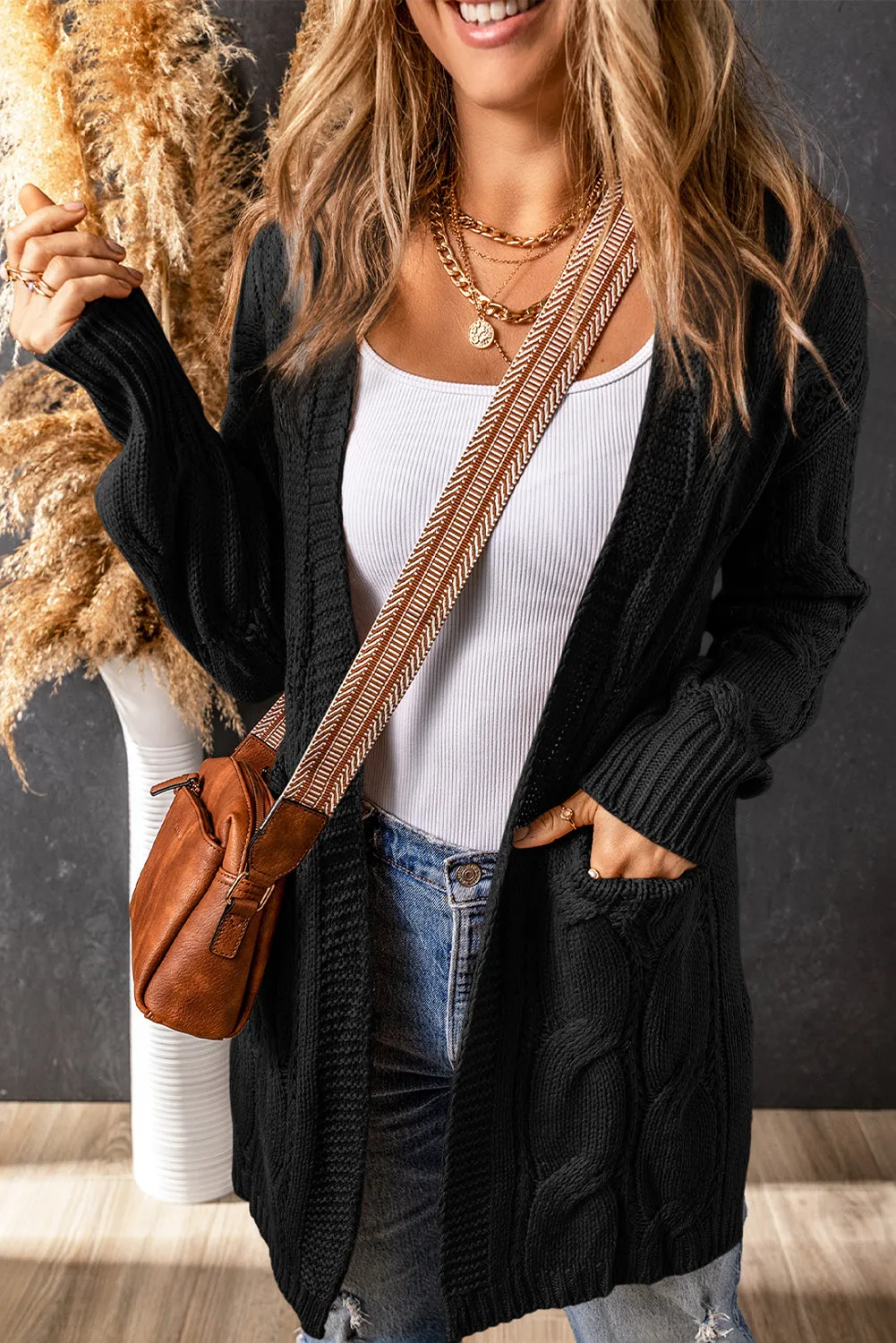 Black Ribbed Trim Eyelet Cable Knit Cardigan sold by Beagle Boutique