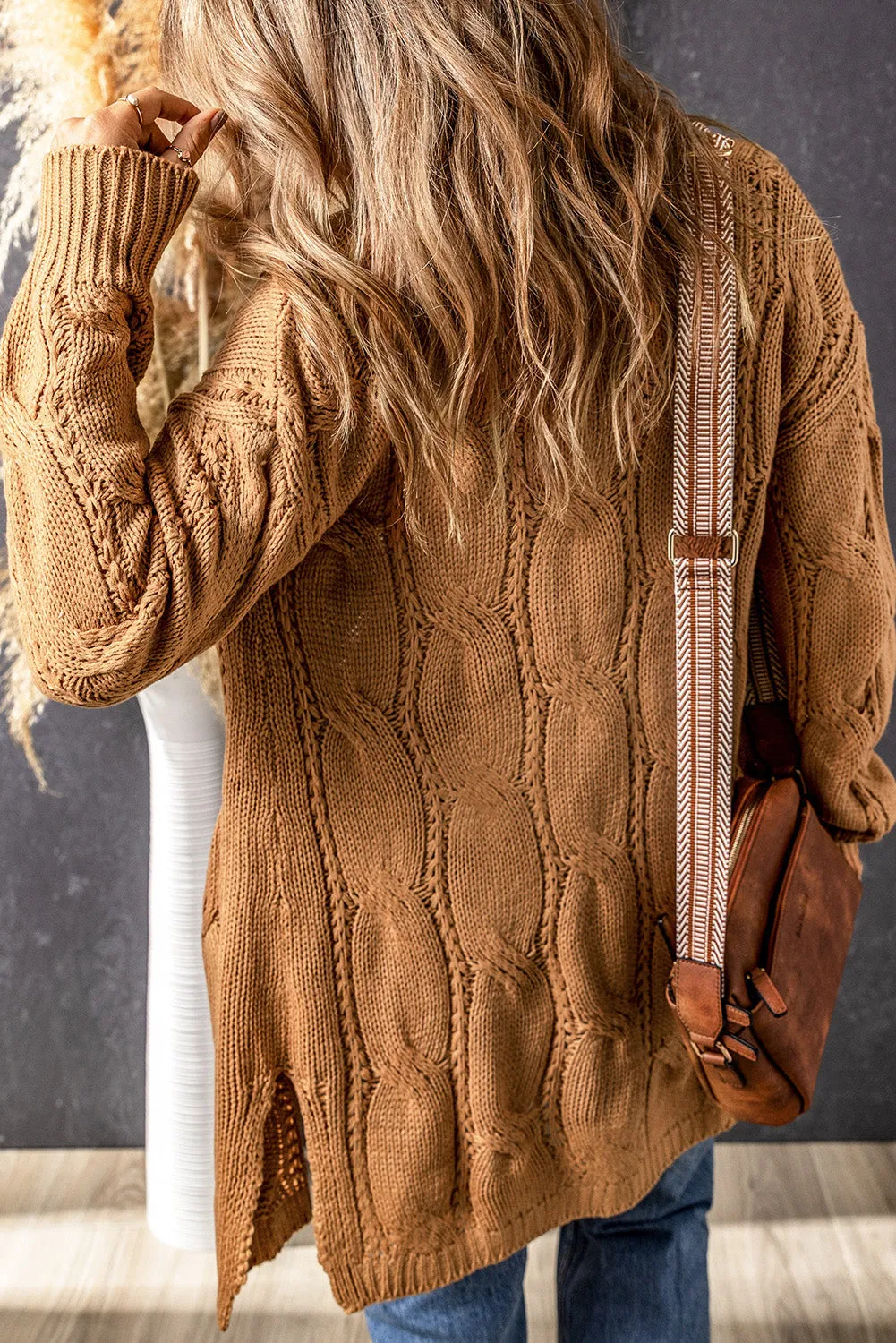 Khaki Ribbed Trim Eyelet Cable Knit Cardigan sold by Beagle Boutique product image thumbnail 2