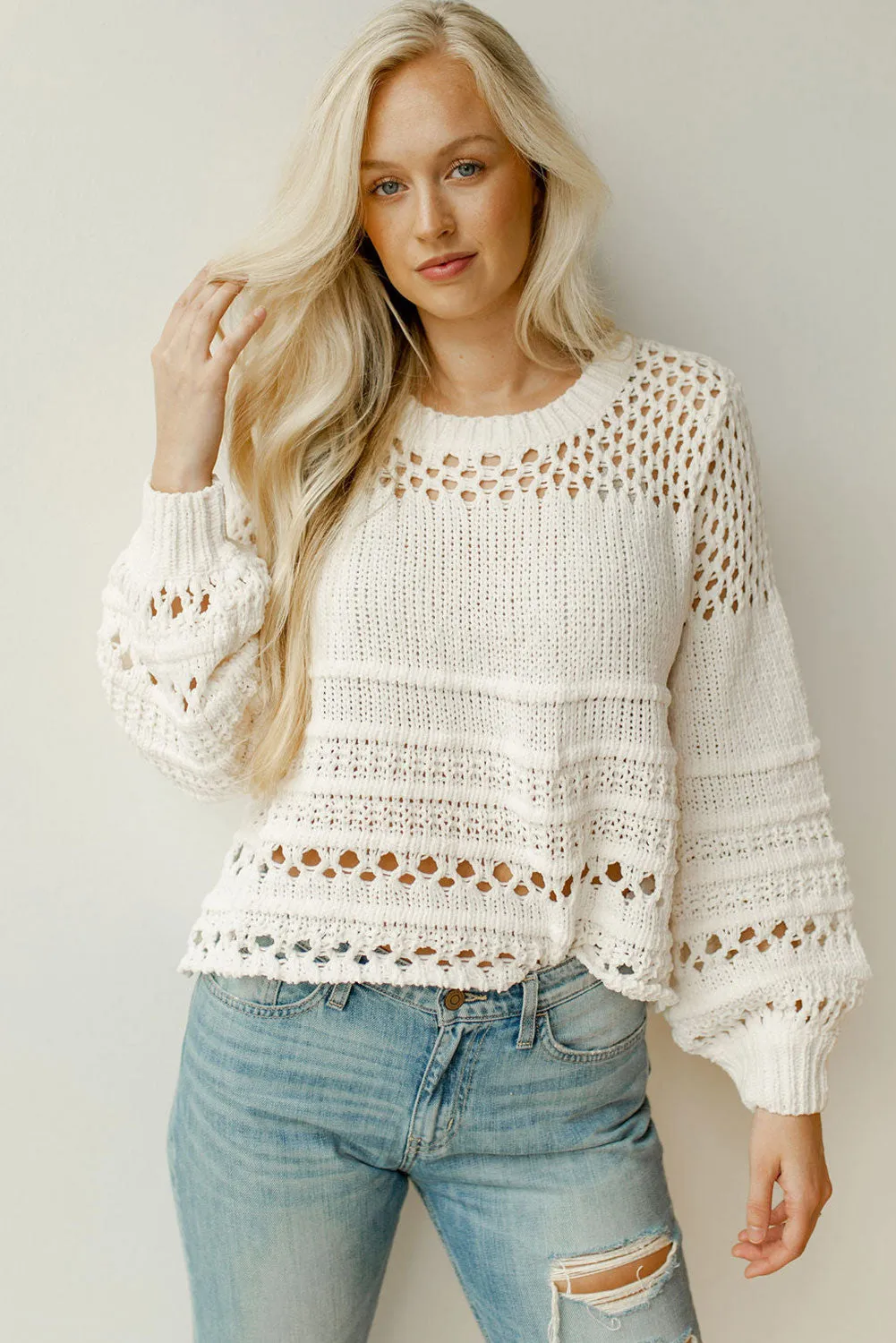 White Solid Colour Pointelle Knit Puff Sleeve Sweater sold by Beagle Boutique