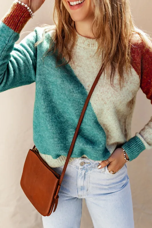 Multicolor Colorblock Ribbed Trim Round Neck Sweater sold by Beagle Boutique