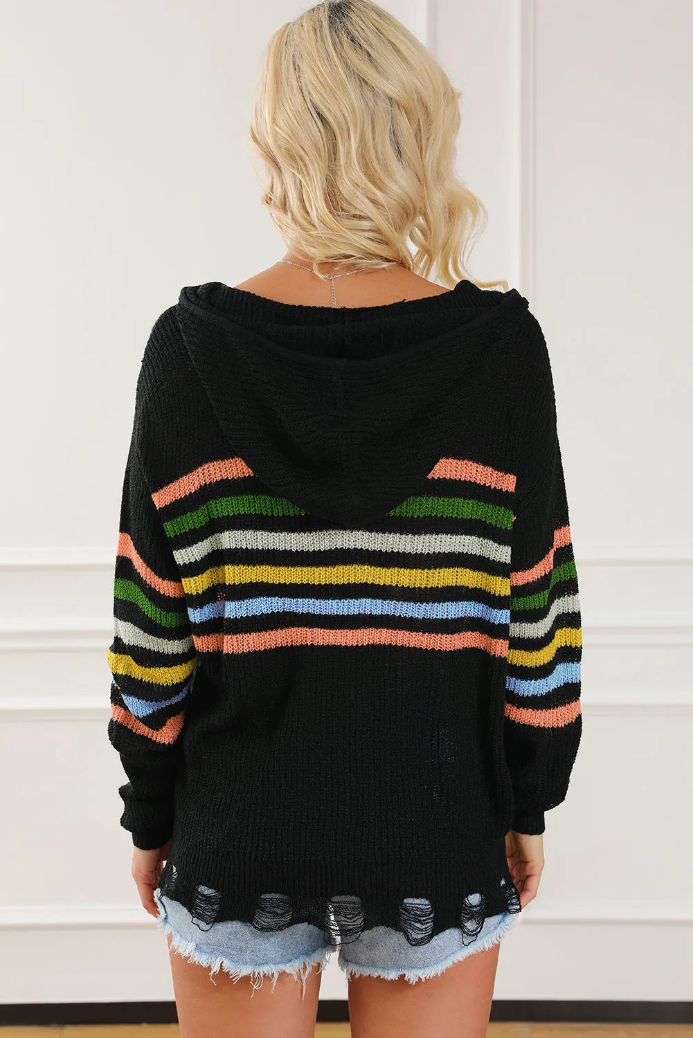 Black Striped Detail Zip Up Hooded Sweater Cardigan sold by Beagle Boutique product image thumbnail 2