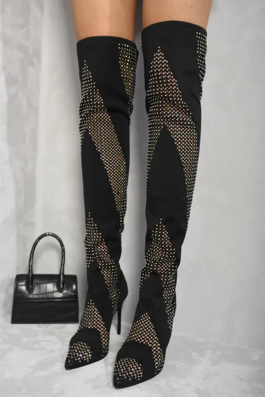 Rhinestone Mesh Knee High Boots sold by Beagle Boutique