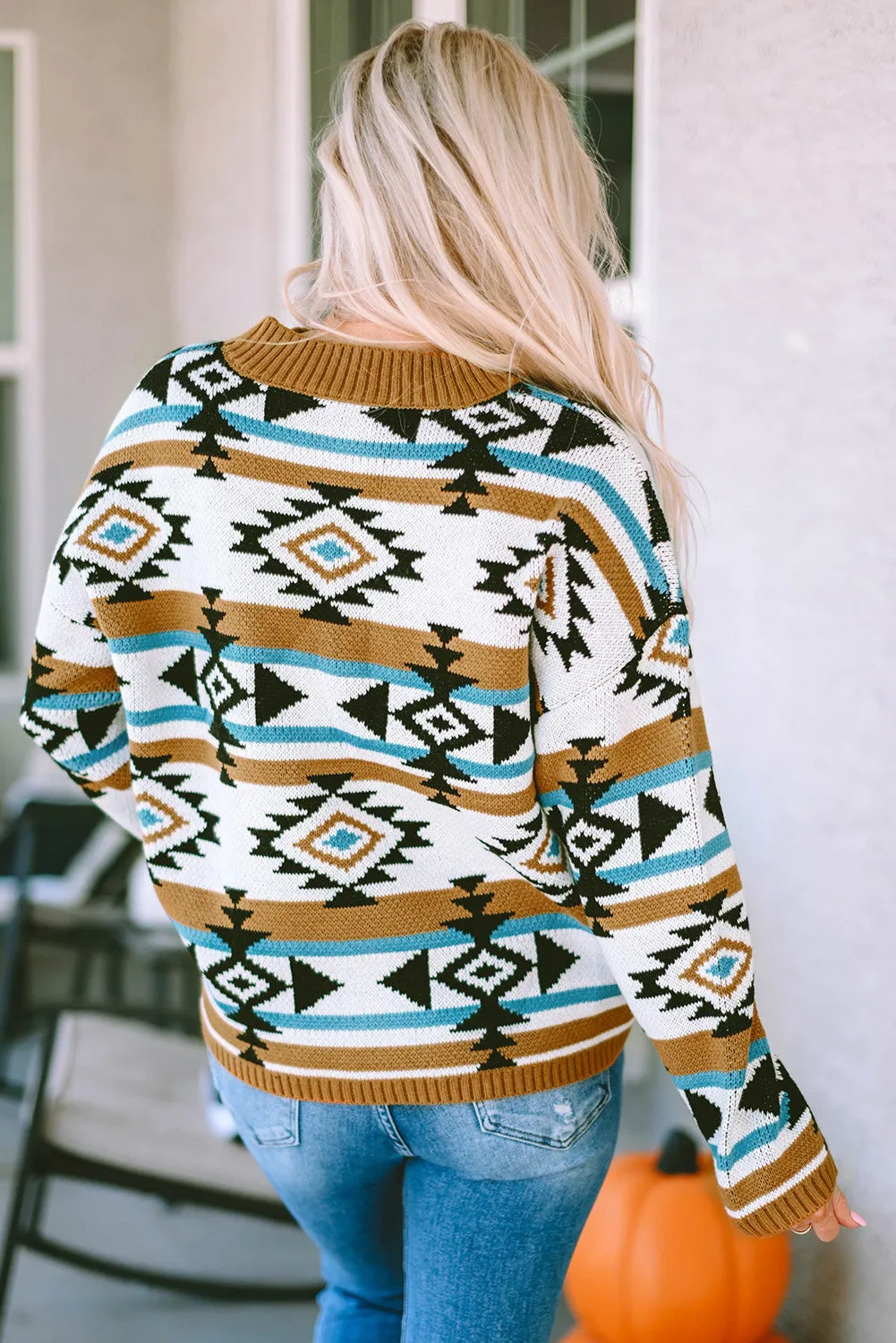 Brown Aztec Striped Knit Ribbed Trim Sweater sold by Beagle Boutique product image thumbnail 2