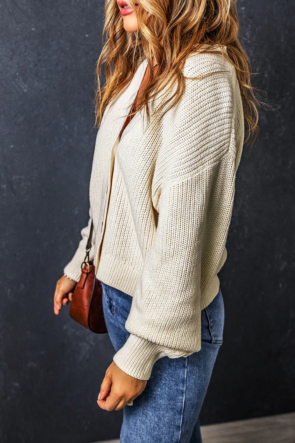Beige Plain Knitted Buttoned V Neck Cardigan sold by Beagle Boutique product image thumbnail 3