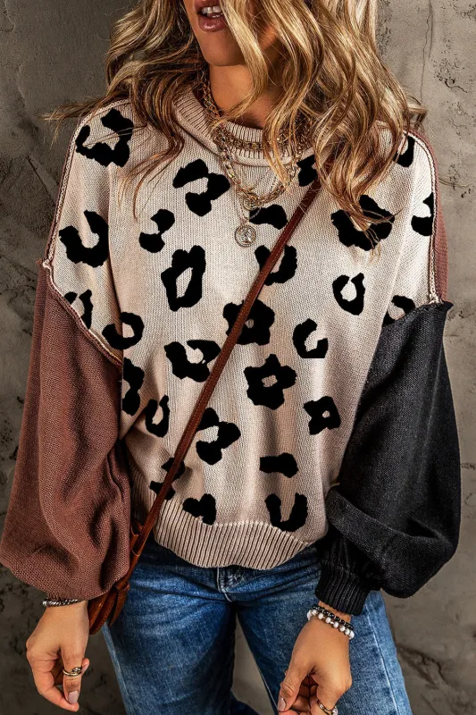 Coffee Leopard Print Colorblock Pullover Sweater sold by Beagle Boutique