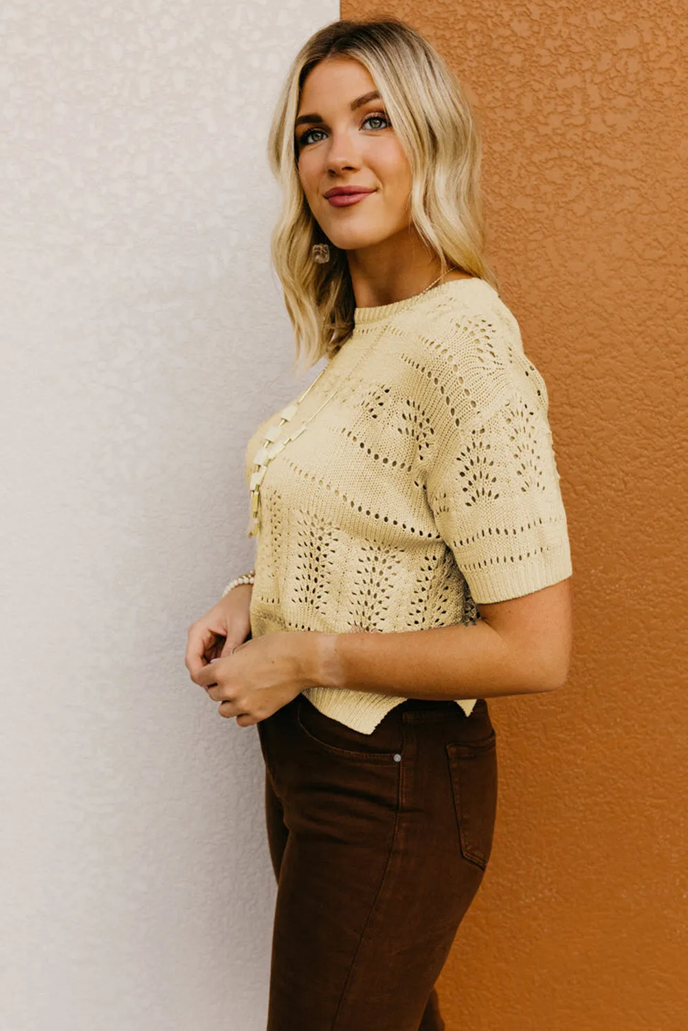 Beige Knitted Hollow out Short Sleeve Crop Sweater sold by Beagle Boutique product image thumbnail 3