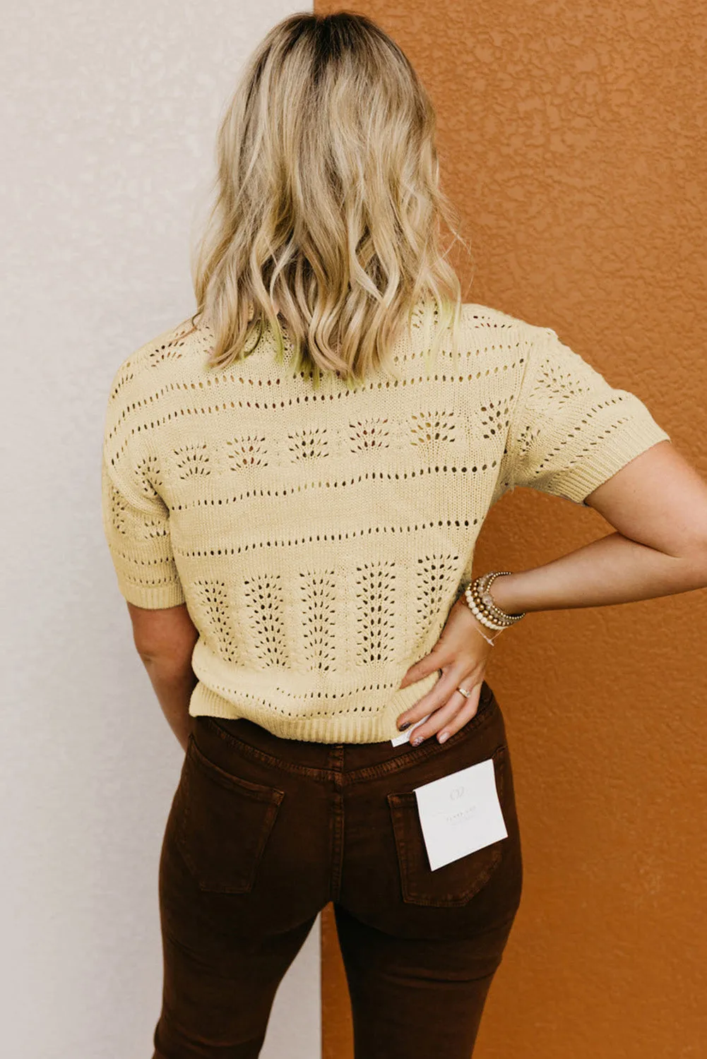 Beige Knitted Hollow out Short Sleeve Crop Sweater sold by Beagle Boutique product image thumbnail 2