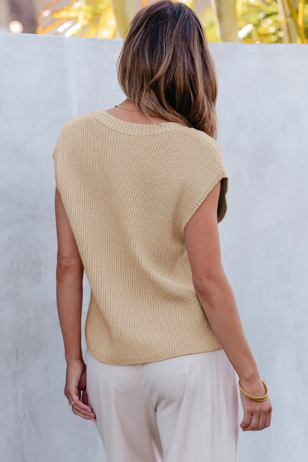 Beige Chest Pocket V Neck Ribbed Cap Sleeve Sweater sold by Beagle Boutique product image thumbnail 2