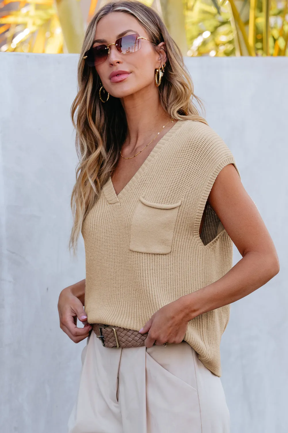 Beige Chest Pocket V Neck Ribbed Cap Sleeve Sweater sold by Beagle Boutique product image thumbnail 3