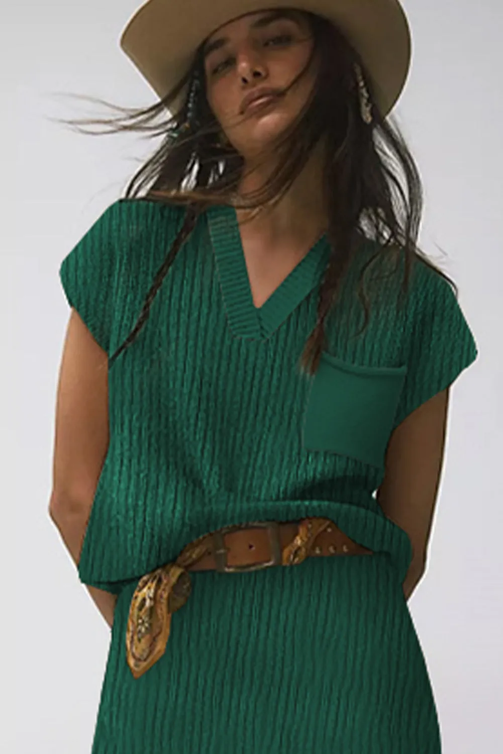 Blackish Green Chest Pocket V Neck Ribbed Cap Sleeve Sweater sold by Beagle Boutique product image thumbnail 3