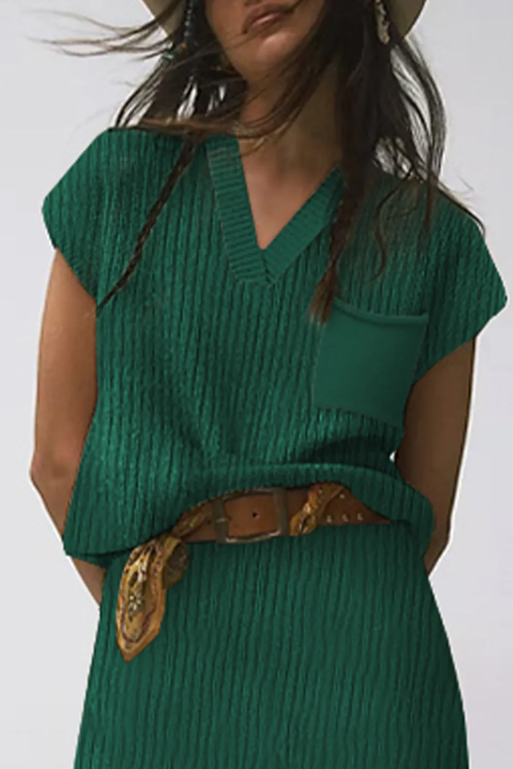 Blackish Green Chest Pocket V Neck Ribbed Cap Sleeve Sweater sold by Beagle Boutique