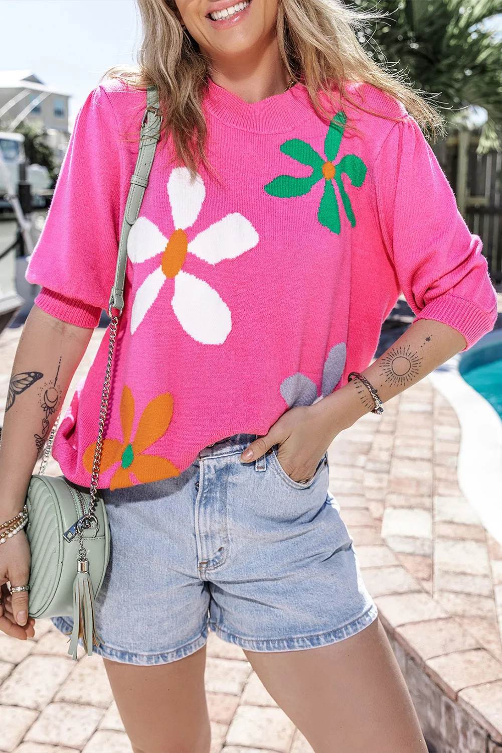 Bright Green Floral Bubble Short Sleeve Sweater sold by Beagle Boutique product image thumbnail 4