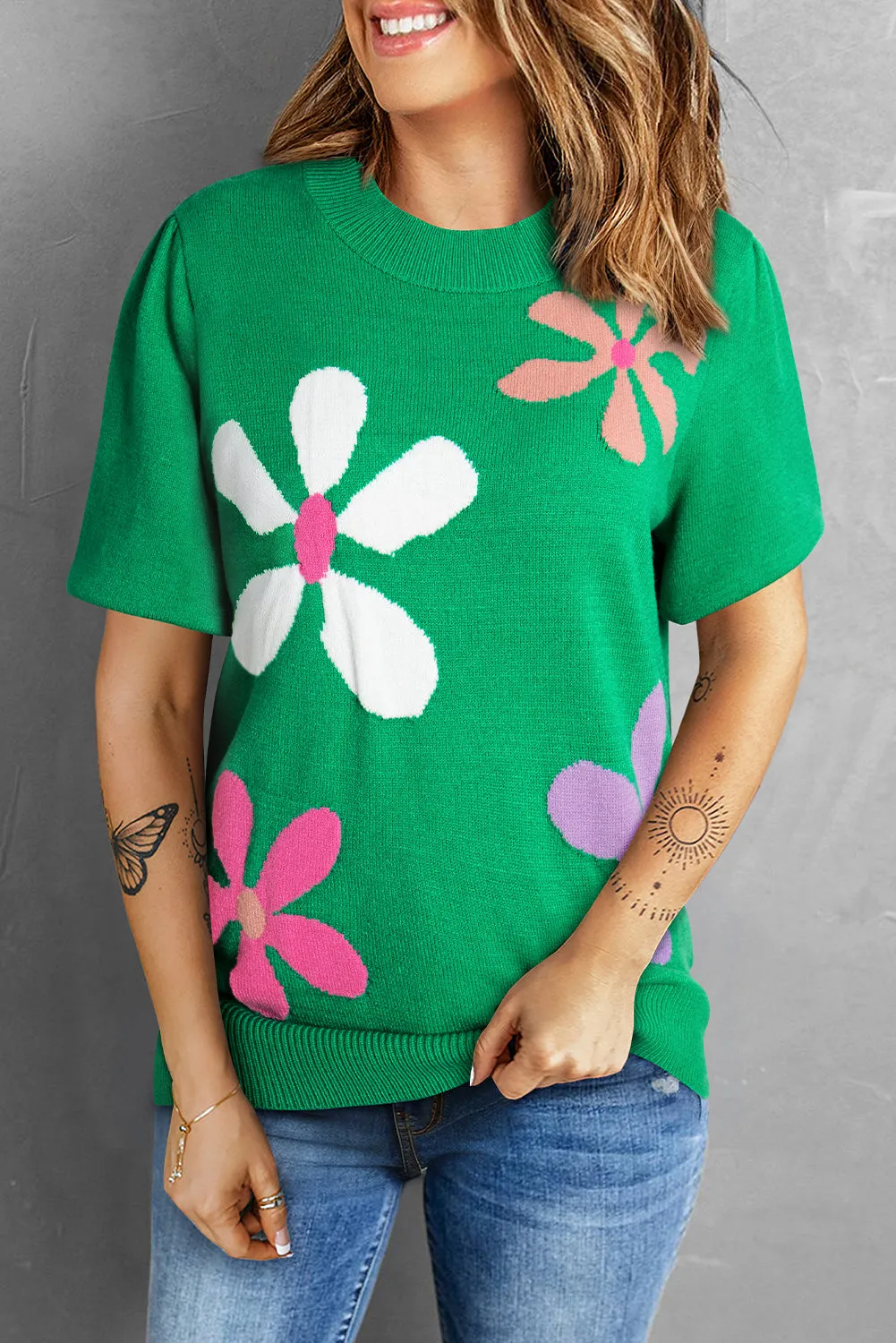 Bright Green Floral Bubble Short Sleeve Sweater sold by Beagle Boutique