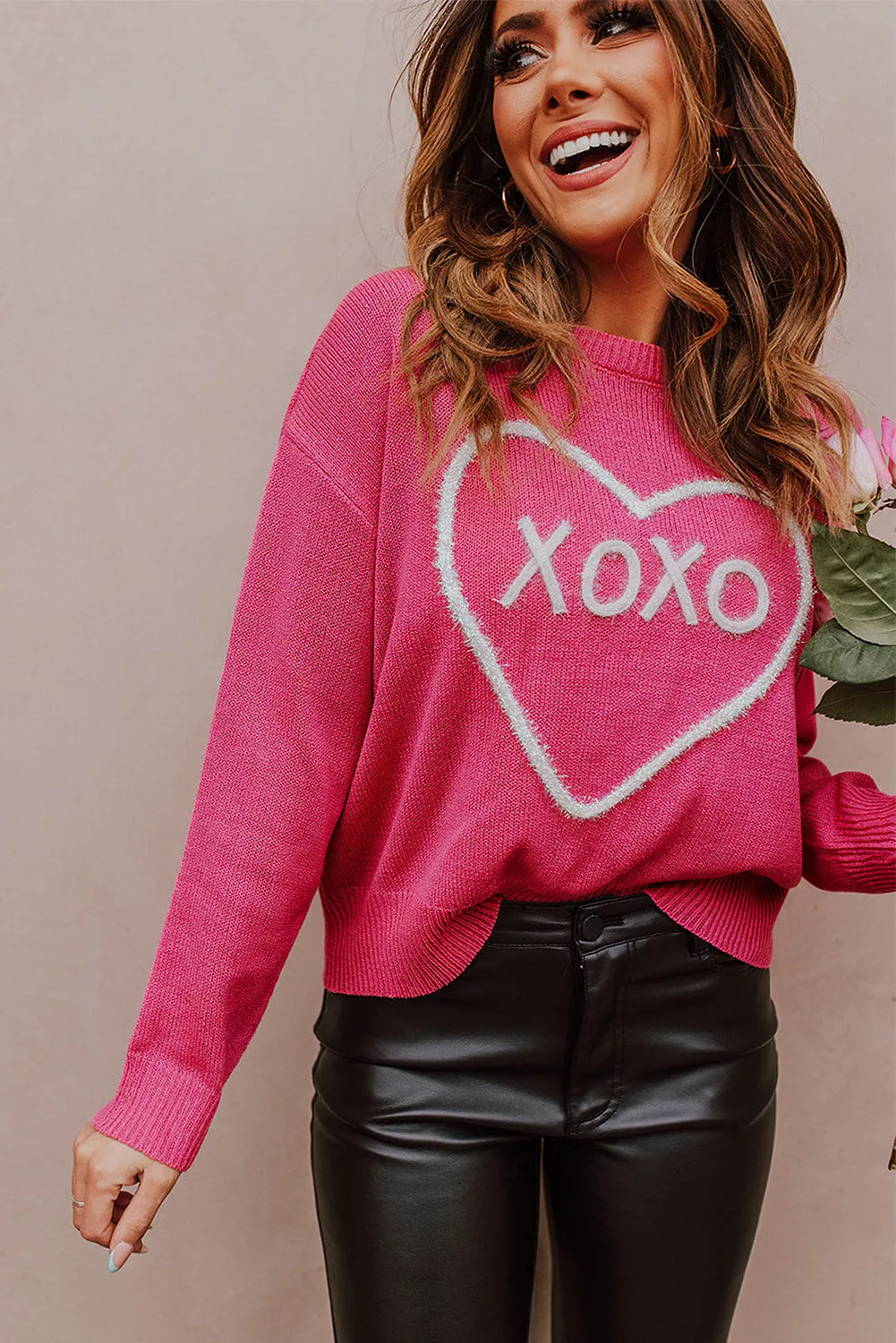 Rose Heart XOXO Pattern Drop Shoulder Rib Knit Sweater sold by Beagle Boutique product image thumbnail 3