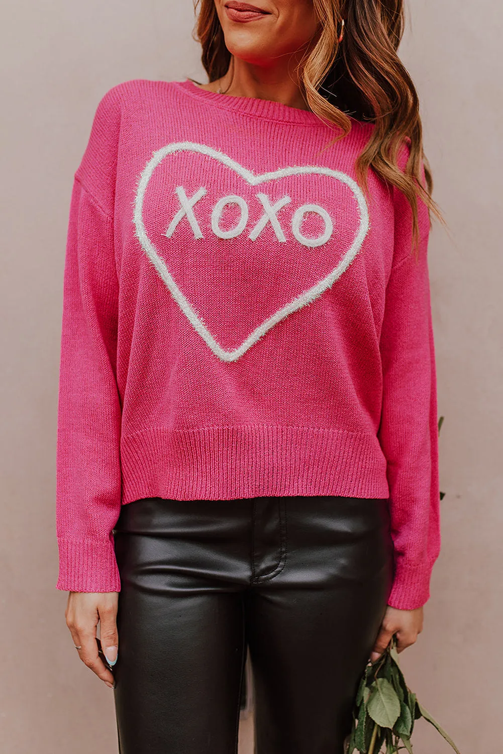 Rose Heart XOXO Pattern Drop Shoulder Rib Knit Sweater sold by Beagle Boutique