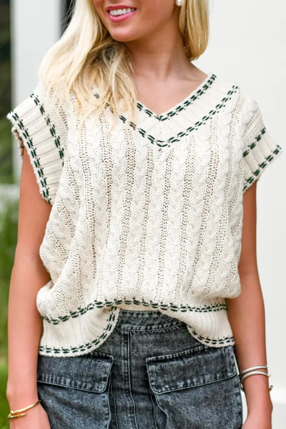 White Contrast Trim V Neck Cable Knit Sweater Vest sold by Beagle Boutique
