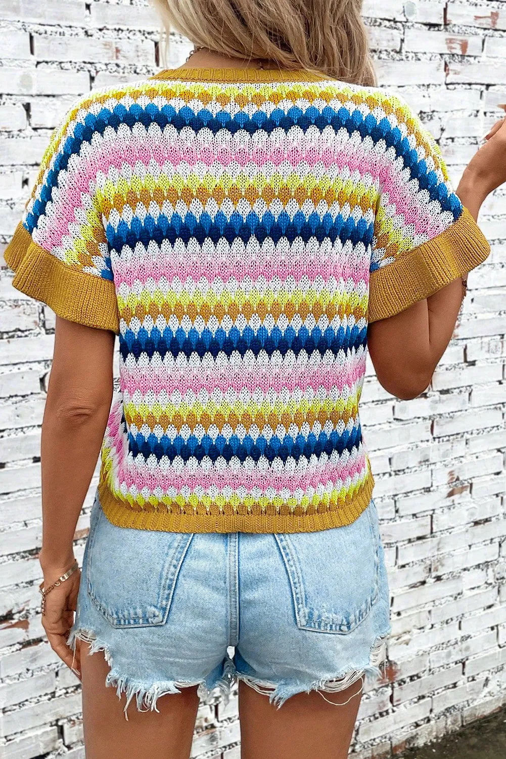 Khaki Trimmed Ruffle Sleeve Colourful Textured Sweater sold by Beagle Boutique product image thumbnail 2