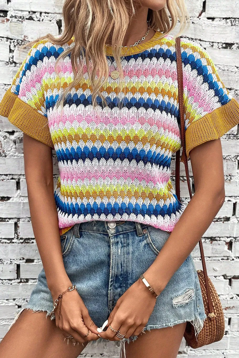 Khaki Trimmed Ruffle Sleeve Colourful Textured Sweater sold by Beagle Boutique product image thumbnail 3