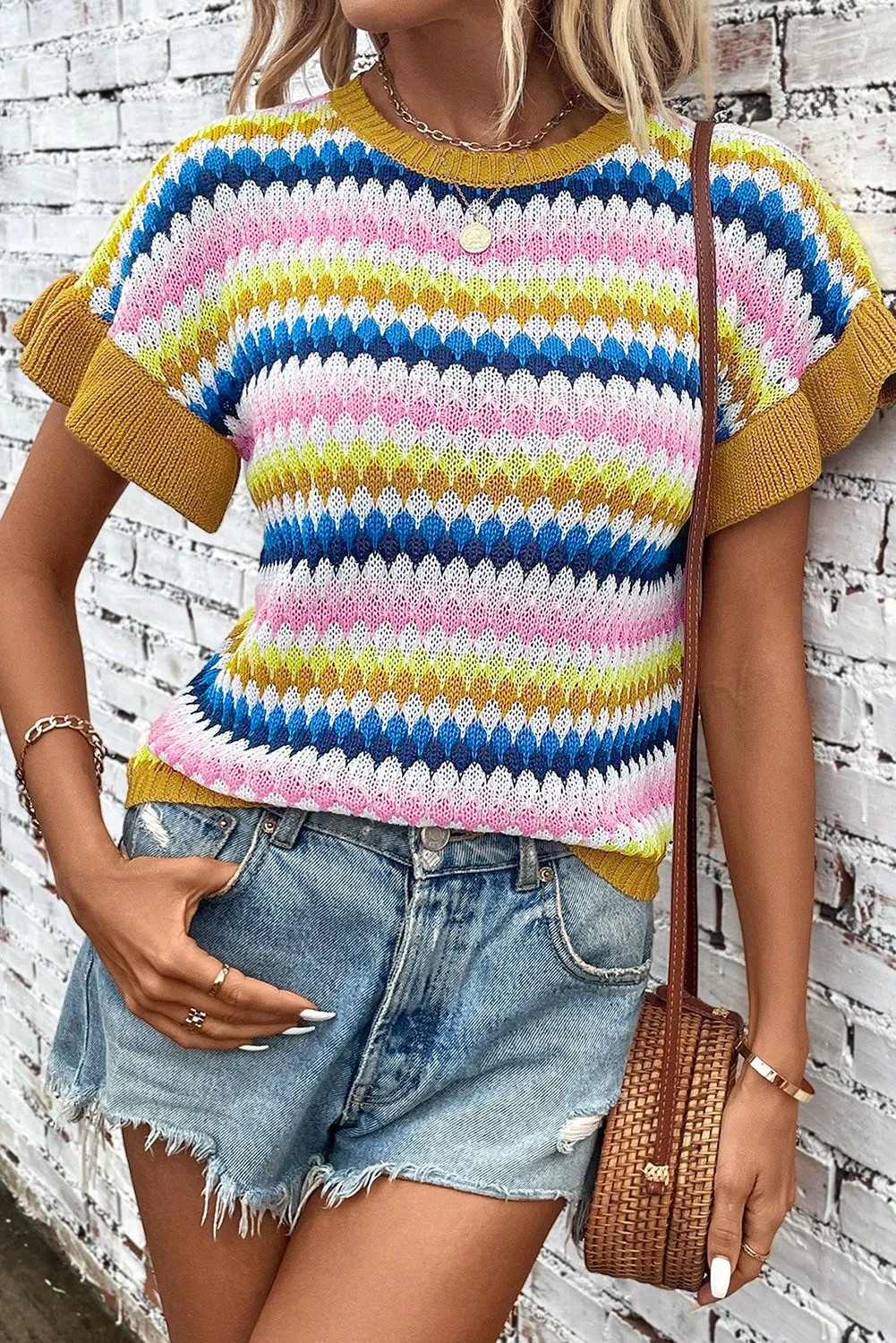 Khaki Trimmed Ruffle Sleeve Colourful Textured Sweater sold by Beagle Boutique