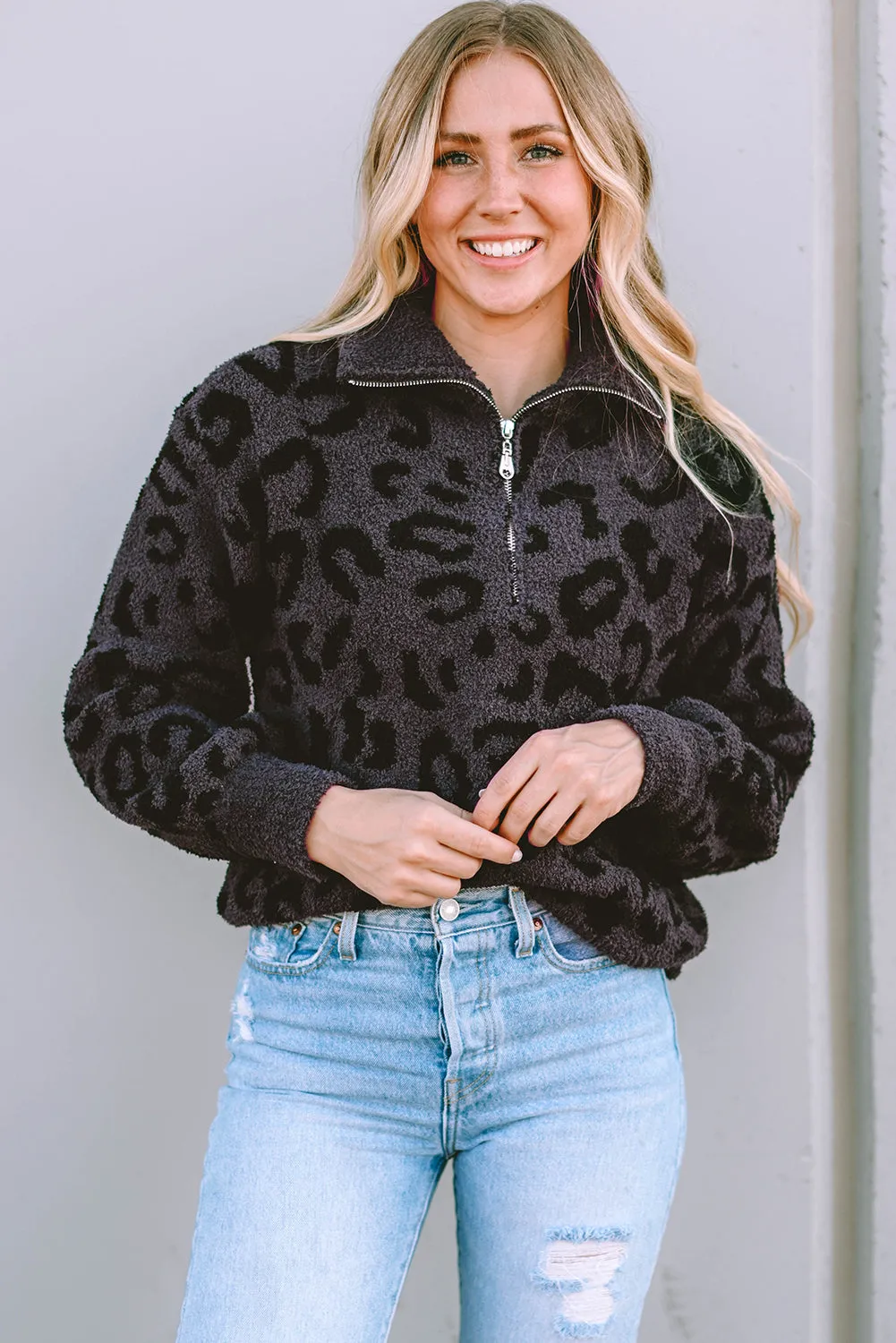 Gray Animal Print Zipped Collared Sweater sold by Beagle Boutique product image thumbnail 4