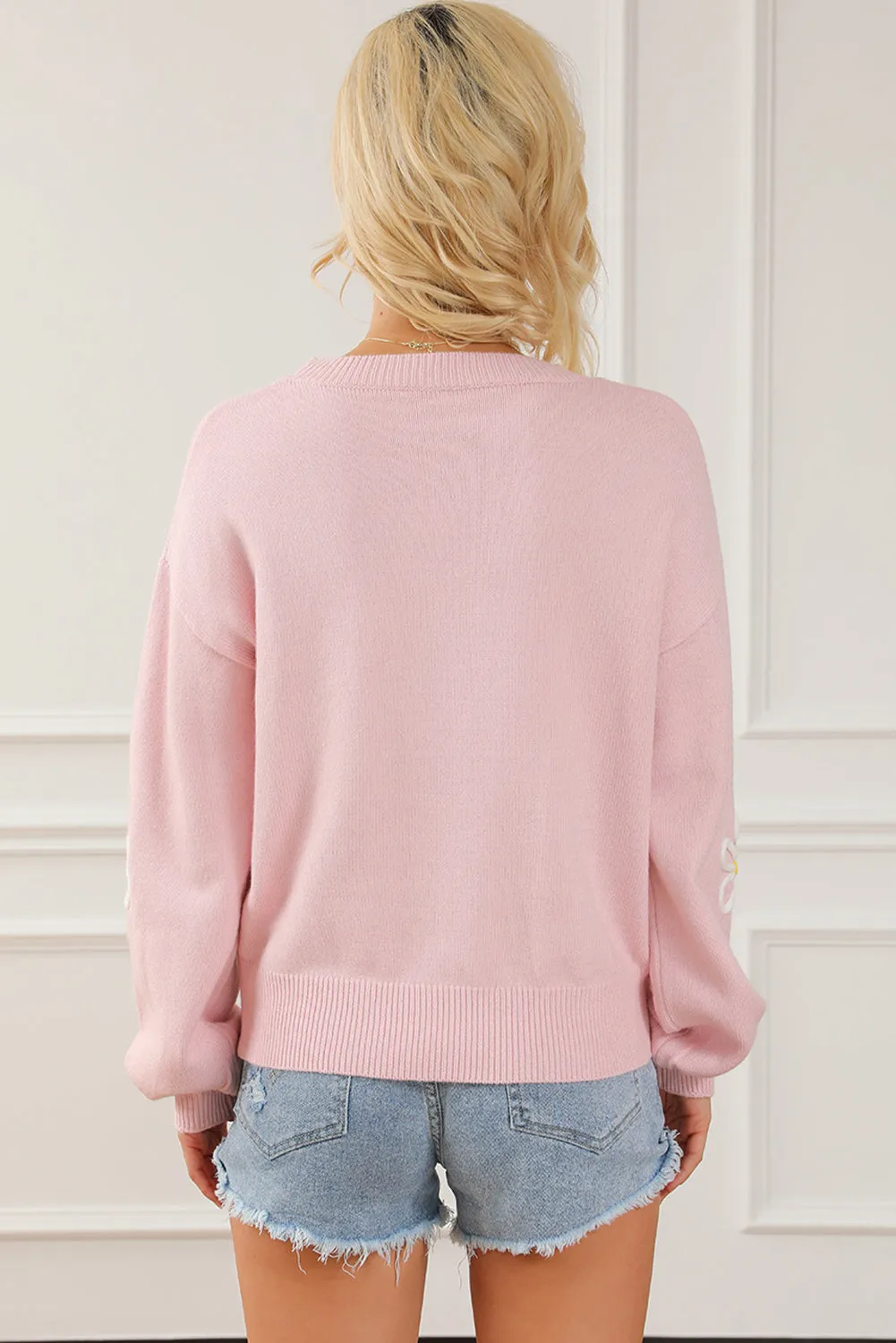 Pink Chenille Daisy Stitching Crew Neck Sweater sold by Beagle Boutique product image thumbnail 2