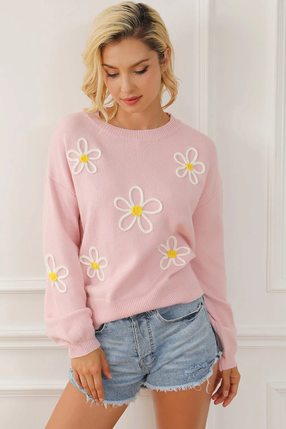 Pink Chenille Daisy Stitching Crew Neck Sweater sold by Beagle Boutique product image thumbnail 3