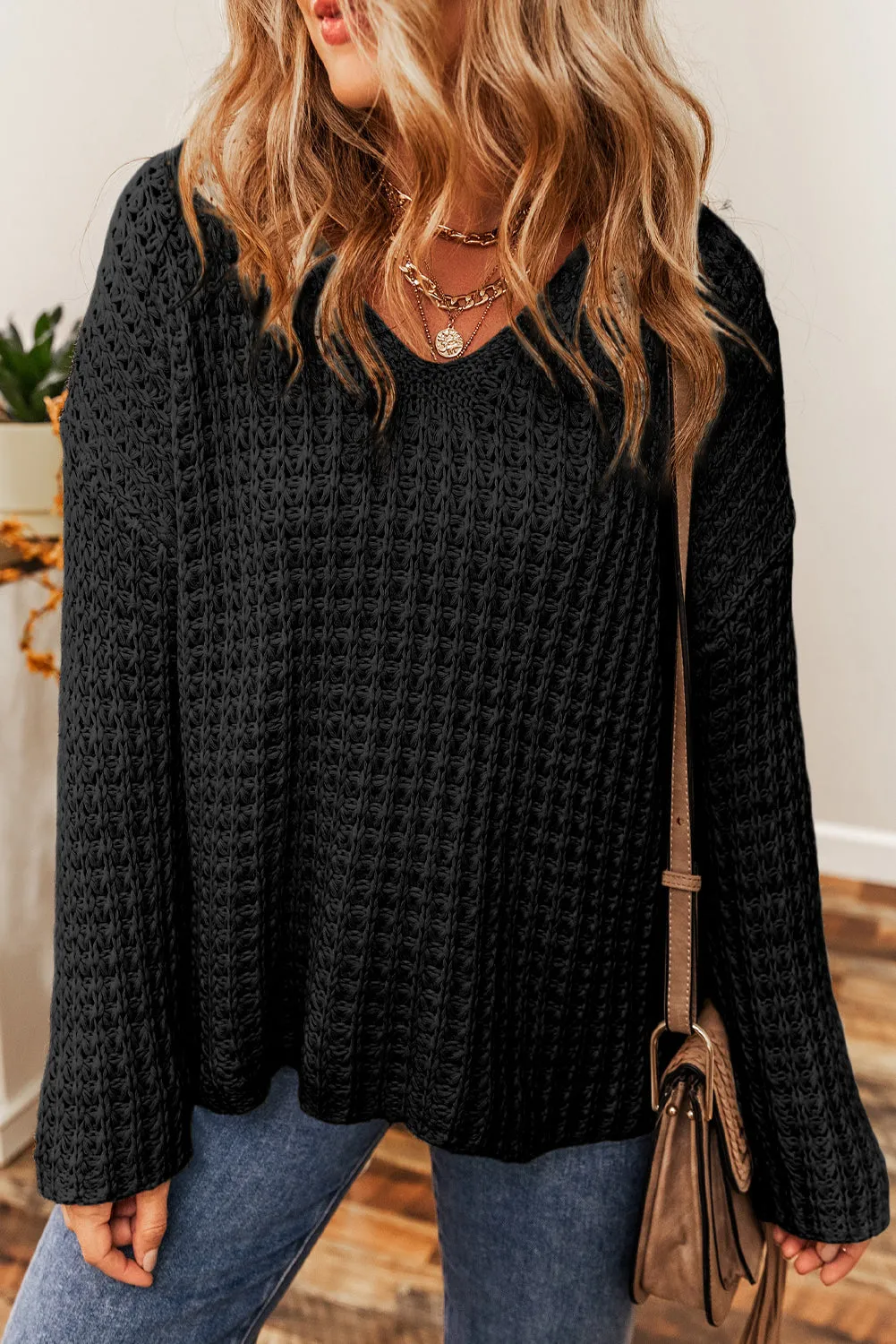 Black Hollow-out Crochet V Neck Sweater sold by Beagle Boutique