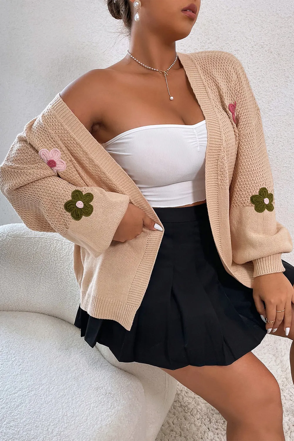 Smoke Grey Floral Applique Drop Shoulder Bubble Sleeve Cardigan sold by Beagle Boutique