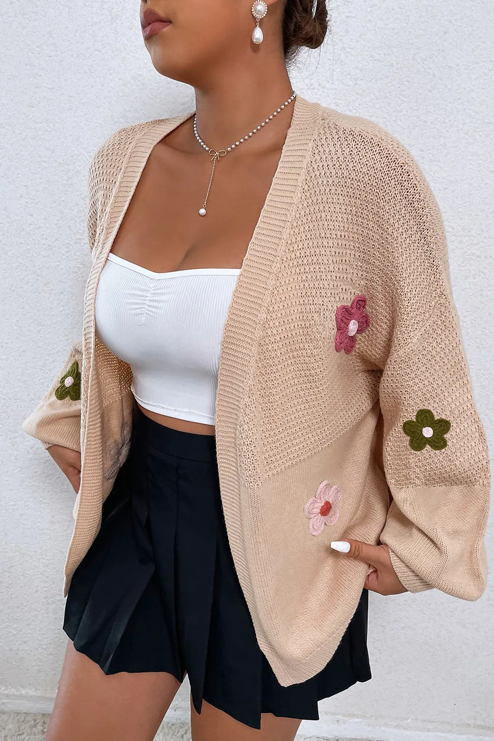 Smoke Grey Floral Applique Drop Shoulder Bubble Sleeve Cardigan sold by Beagle Boutique product image thumbnail 3